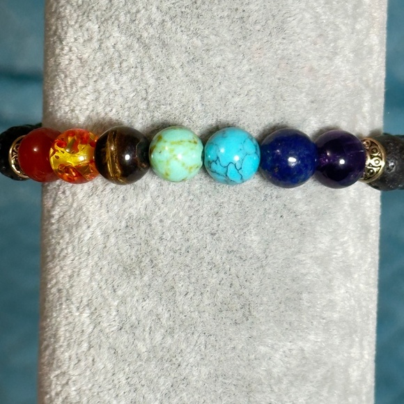 Multicolor 7 stone chakra stretchy bracelet w/black lava stones - Picture 8 of 16